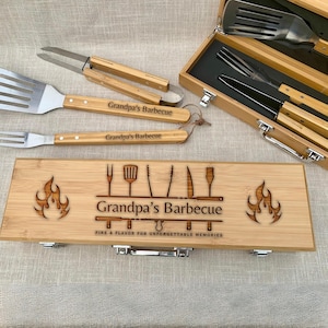 Personalized Engraved Barbecue Set Fathers Day Gift Custom Grandpas Grilling Set Birthday Gift BBQ Grill Tool Kit Set With Wood Case