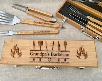 Personalized Engraved Barbecue Set Fathers Day Gift Custom Grandpas Grilling Set Birthday Gift BBQ Grill Tool Kit Set With Wood Case