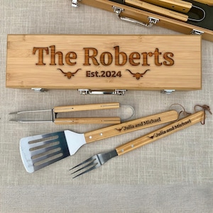 Personalized BBQ Grill Set with Case – Custom Christmas Gift for Him, Dad, Husband, Grandpa, Engraved Grill Tools, BBQ Gift Box for Men
