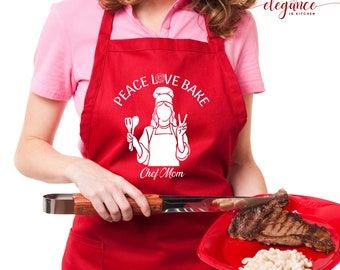 Peace | Love | Bake Chef Mom Apron as Mothers Day Gift for Mom, Chef Mom Apron For Mothers