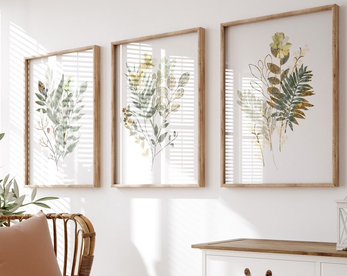 Green & Gold Leaf Botanical Prints, Set of 3 Prints, Botanical Wall ...
