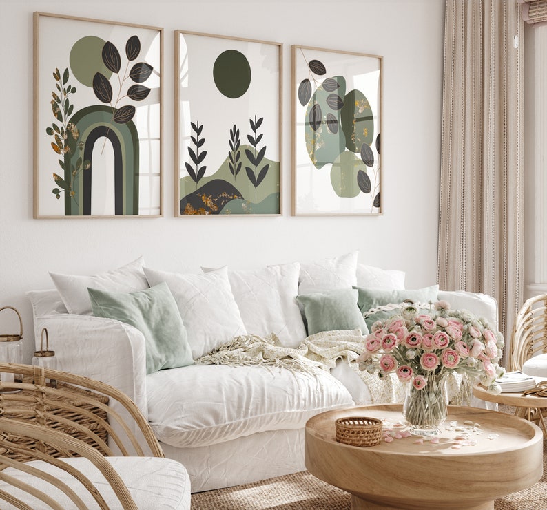 Sage Green & Gold Boho Wall Art Prints, Boho Watercolour Decor for