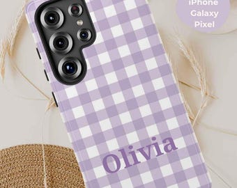 Personalized Pastel Gingham Tough Phone Case for iPhone Samsung Pixel, Custom Plaid Gift