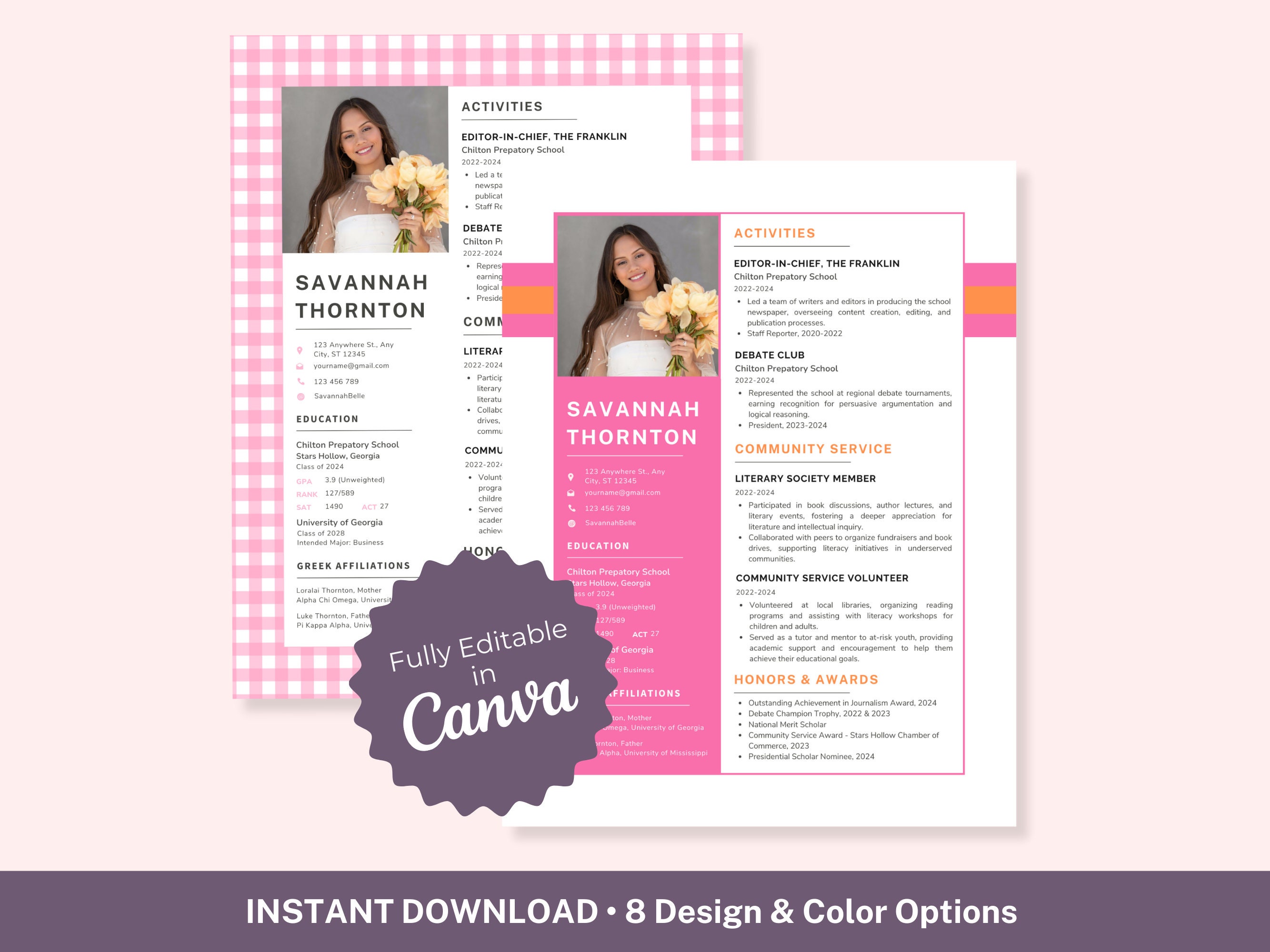 The Savannah - Sorority Resume Template Etsy, Sorority Rush Resume Template with Photo, instant download, editable