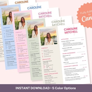May include: Five different color options for a resume template. The template features a photo, contact information, education, Greek affiliations, activities, work experience, and community service. The text "Caroline Mitchell" is at the top of the template.