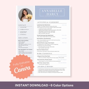 May include: A light blue and white resume template with a photo of a woman in the top left corner. The resume includes contact information, education, activities and leadership, work experience, and awards and honors. The text "Fully Editable in Canva" is in a pink circle in the bottom left corner.