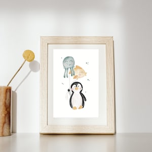 Kinderposter “Pinguin mit Luftballons”, Wandbild fürs Kinderzimmer, DIN A4 oder A3, Wandbild, Tierposter, Kinderzimmer, Fische, Wasserwelt