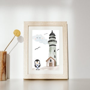 Kinderzimmer "Leuchtturm", Poster für Kinderzimmer, Poster Maritim, Poster für Babyzimmer, Geschenk zur Geburt, Kinderzimmer Deko, Pinguin