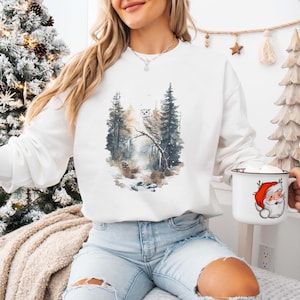 Retro Owl Winter Scene Sweatshirt Vintage Owl Snowy Forest Wilderness Outfit Retro Winter Owl Sweatshirt White Owl Gift For Owl Lover Tee