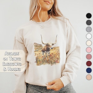 Vintage Texas Longhorn Sweatshirt Retro 90s Longhorn Wilderness Scene Shirt Wild West Texas Western Boho Gift For Cow Lover Sweatshirt