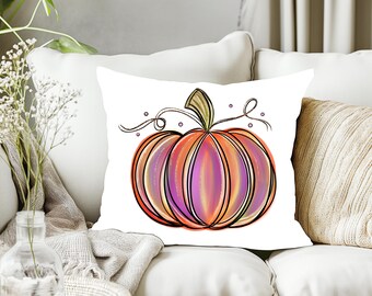 Cojín de calabaza ~ Cojín de granja ~ Calabaza de acuarela ~ Decoración de otoño ~ Diseño de calabaza pintado a mano ~ Cojín acogedor de Acción de Gracias ~ 18x18