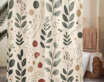 Minimalist Boho Shower Curtain ~ Floral Bathroom Decor ~ Boho Floral Shower Curtain ~ Green Cream Tones ~ Botanicals Shower Curtain ~ 71x74