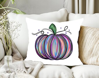 Cojín de calabaza ~ Calabaza de acuarela ~ Decoración de otoño ~ Diseño de calabaza pintado a mano ~ Cojín de granja de Acción de Gracias ~ Almohada acogedora ~ 18x18