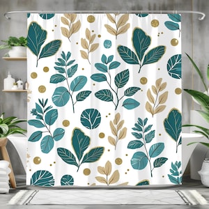 Minimalist Shower Curtain ~ Boho Floral Bathroom Decor ~ Botanicals Shower Curtain ~ Teal Gold Tones ~ Whimsical Boho Shower Curtain ~ 71x74