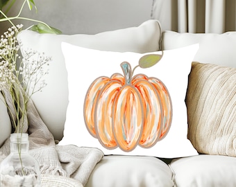 Cojín de calabaza ~ Decoración de otoño ~ Calabaza de acuarela ~ Diseño de calabaza pintado a mano ~ Cojín de granja de Acción de Gracias ~ Cojín acogedor ~ 18x18