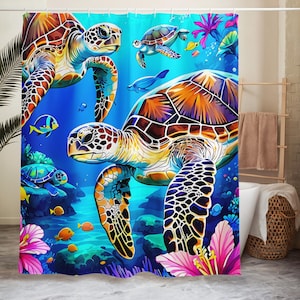 Sea Turtles Shower Curtain ~ Ocean Bathroom Decor ~ Seaside ~ Hibiscus Shower Curtain ~ Sea Turtles ~ Tropical Ocean Shower Curtain ~ 71x74