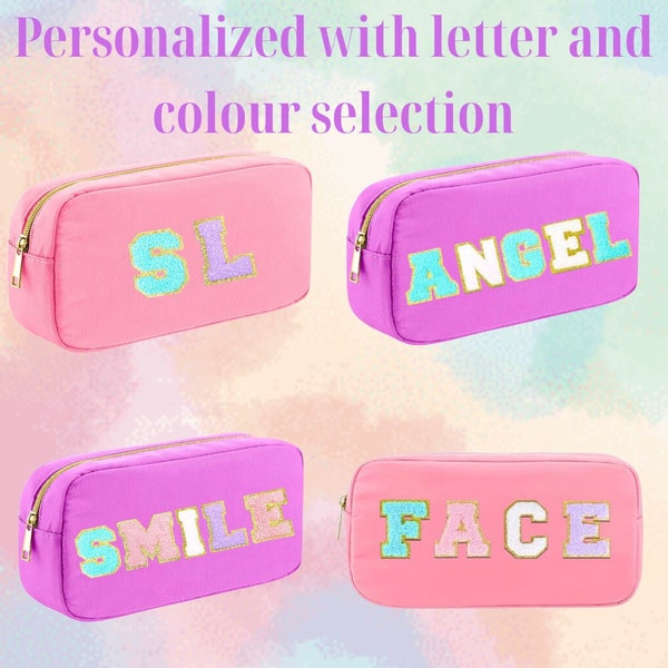 Personalized Chenille Letter Patch Makeup Bag - Custom Travel Pouch for Her - Unique Nylon Cosmetic Bag, Unique Gift for Her, Travel Bag