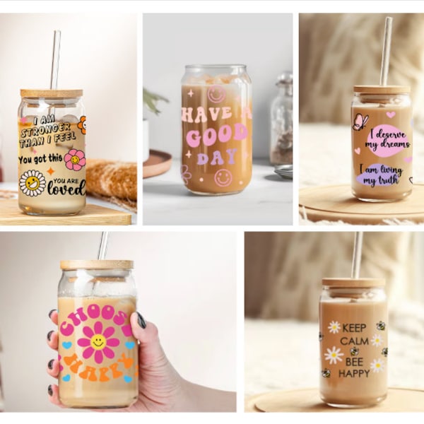 Positive Affirmation Libby Cups, Mental Health Iced Coffee Cup, 16oz, Affirmations Glass Tumbler, Beer can glass with lid & straw