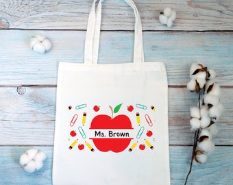 Personalized Teacher Name Tote, Cute Gift for Her, Custom Shoulder Bag, Initial Tote Bag, Reusable Grocery Bag, Custom Canvas Tote, Teacher
