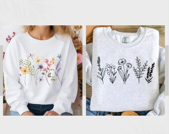 Moletons de flores silvestres, Moletom com gola redonda e flores fofas, Camiseta para amantes de flores, Camiseta para amantes da natureza, Presente para ela, Suéter de primavera