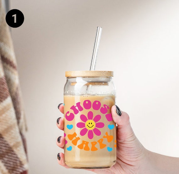 Daily Affirmation Iced Coffee Cup - 16oz Frosted Glass With Bamboo Lid & Straw, Positive Mental Health