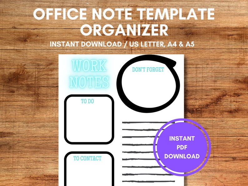 Note From Work Layout Office Note Template Organizer – Printable PDF, US Letter A4 A5 ...