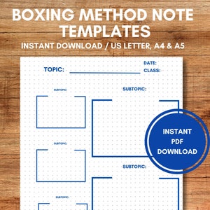 May include: A printable note-taking template with a boxing method layout. The template has four boxes with the words "Subtopic" above each box. The words "Topic", "Date", and "Class" are at the top of the page. The words "Instant PDF Download" are in a blue circle on the right side of the page.