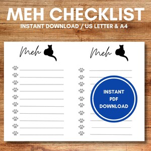 Meh Checklist with Lines and Boxes Full and Half Sheet Paper / Instant PDF Download