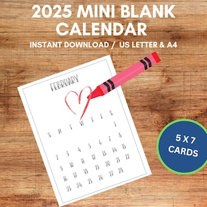 Mini calendário datado de 2025 / para impressão 5x7 / em branco / download instantâneo / carta dos EUA e A4