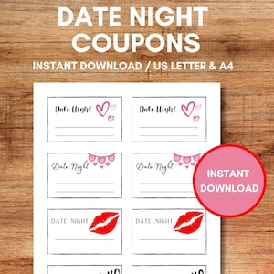 Cupones de cita nocturna imprimibles: ¡Romance personalizable para cada ocasión! / Tamaños Carta y A4 EE. UU. / Regalo perfecto de última hora