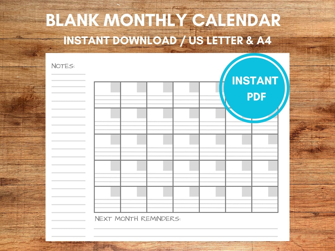 Blank Calendar Template With Lines and Room for Notes / Instant PDF ...