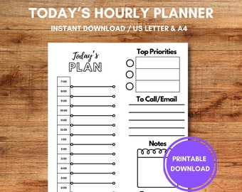 Puede incluir: Un planificador horario imprimible con un diseño en blanco y negro. El planificador incluye secciones para "Plan de hoy", "Prioridades principales", "Llamar/Correo electrónico" y "Notas".