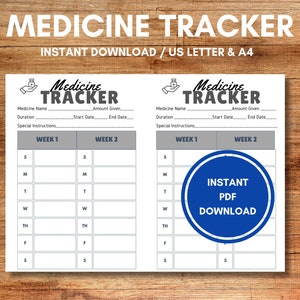Könnte beinhalten: Druckbarer Medikamenten-Tracker mit zwei Wochen täglicher Kästchen. Der Tracker hat Abschnitte für Medikamentenname, Dauer, verabreichte Menge, Startdatum, Enddatum und besondere Anweisungen. Der Text "INSTANT PDF DOWNLOAD" befindet sich in einem blauen Kreis.