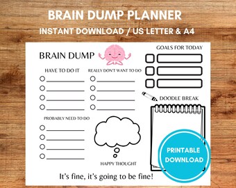 May include: Printable brain dump planner with sections for "Have to do it", "Really don't want to do", and "Probably need to do". It also includes a section for goals, a doodle break, and a happy thought bubble. The text "It's fine, it's going to be fine!" is at the bottom.