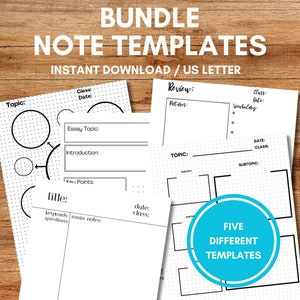 May include: Five different printable note templates for students. The templates include sections for topic, essay topic, introduction, key points, title, keywords, main notes, questions, review, pictures, vocabulary, date, and class.