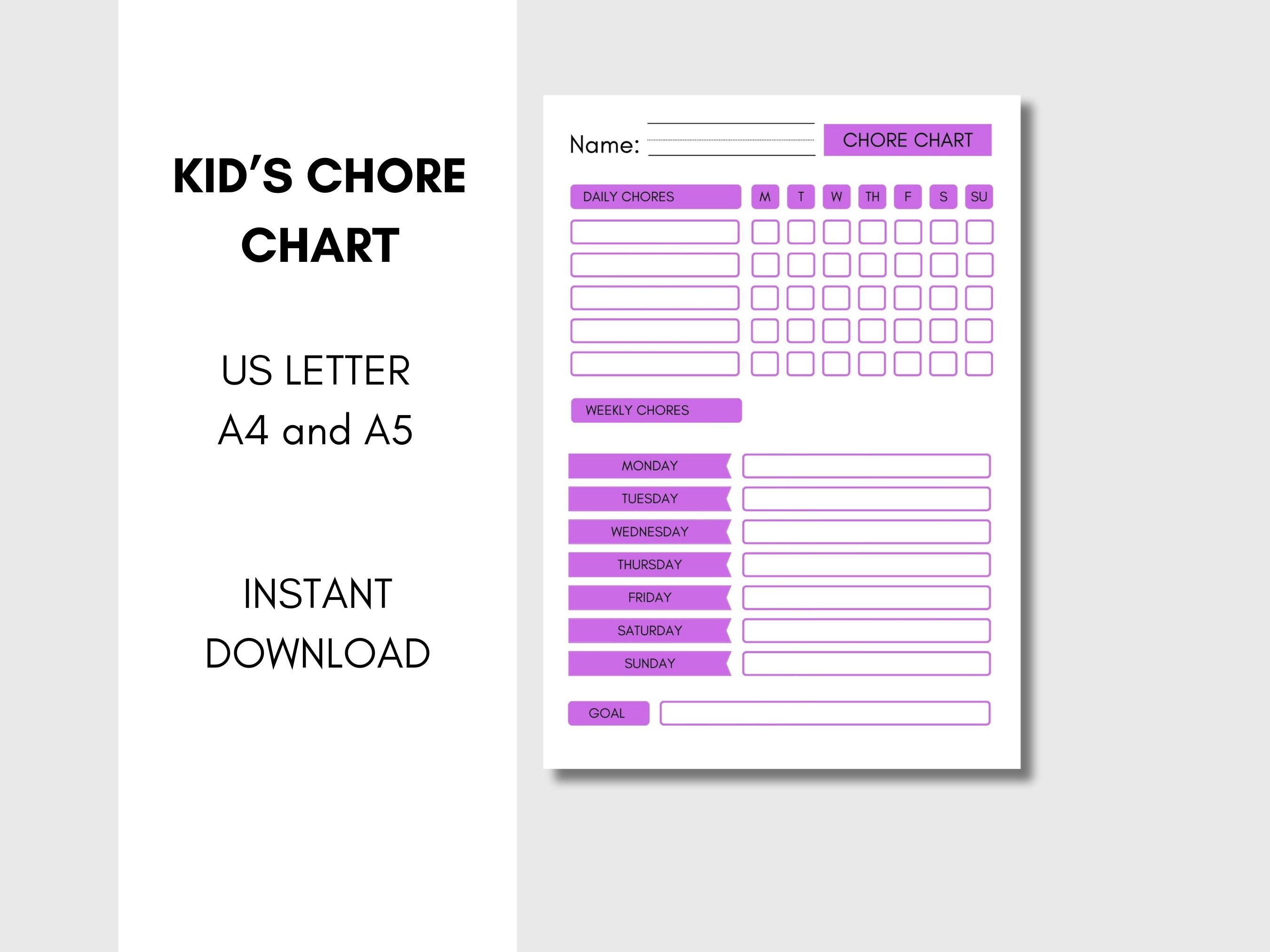 Kid's Chore Chart Printable / Instant Download / 6 Different Colors ...