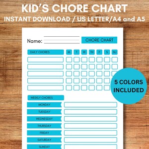 Kid's Chore Chart Printable / Instant Download / 6 Different Colors ...