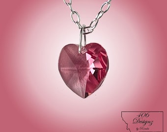 Swarovski Rose Crystal Heart Pendant Necklace on Sterling Silver Chain - Choice of Pendant Size