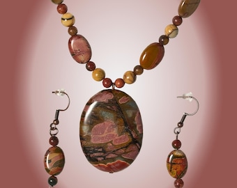 Grand collier ovale en jaspe Picasso sur chaîne en cuivre et perles avec boucles d'oreilles assorties en jaspe Picasso