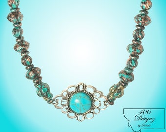 Turquoise Pendant Necklace with Patina Acrylic Bead Chain