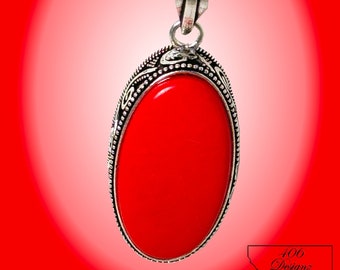 Red Coral Pendant Necklace with Handmade Sterling Silver plated setting