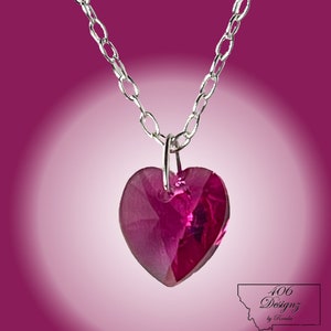 Swarovski Fuchsia Crystal Heart Pendant Necklace on Sterling Silver Chain
