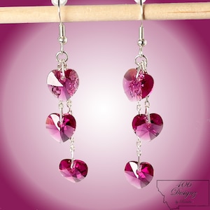 Swarovski Fuchsia Crystal Heart Pendant Earrings on Sterling Silver Wires