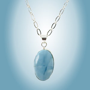 Large Light Blue Owyhee Blue Opal Stone in Simple Handmade Sterling Silver plated Setting on Fancy Silver Chain
