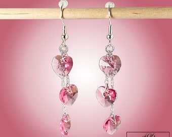 Swarovski rooskristal hart 10 mm-hangeroorbellen op sterlingzilveren draden