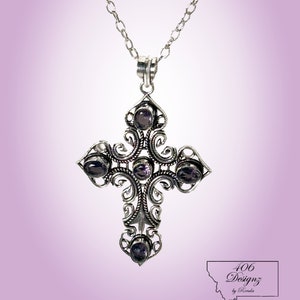 Amethyst Cross Pendant Necklace with Handmade Sterling Silver plated Setting