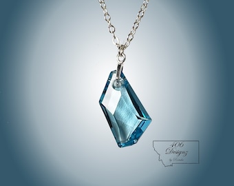 Aquamarine Blue Swarovski De-Art Crystal Pendant (24mm) Necklace on Sterling Silver Chain