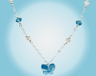 Swarovski aquamarijnkristal vlinderhanger ketting aan sterlingzilveren ketting