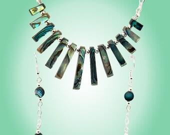 Abalone Sunburst Pendants on Sterling Silver Chain embedded with Sterling Silver and Abalone beads and Matching Earrings