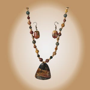 Large Picasso Jasper Triangle Pendant Necklace on Beaded Chain with Matching Picasso Jasper Earrings